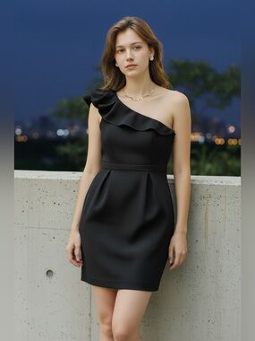 MAX AND CLEO Black One Shoulder Ruffled Cocktail Dress Sz 8 S/M LBD Party
